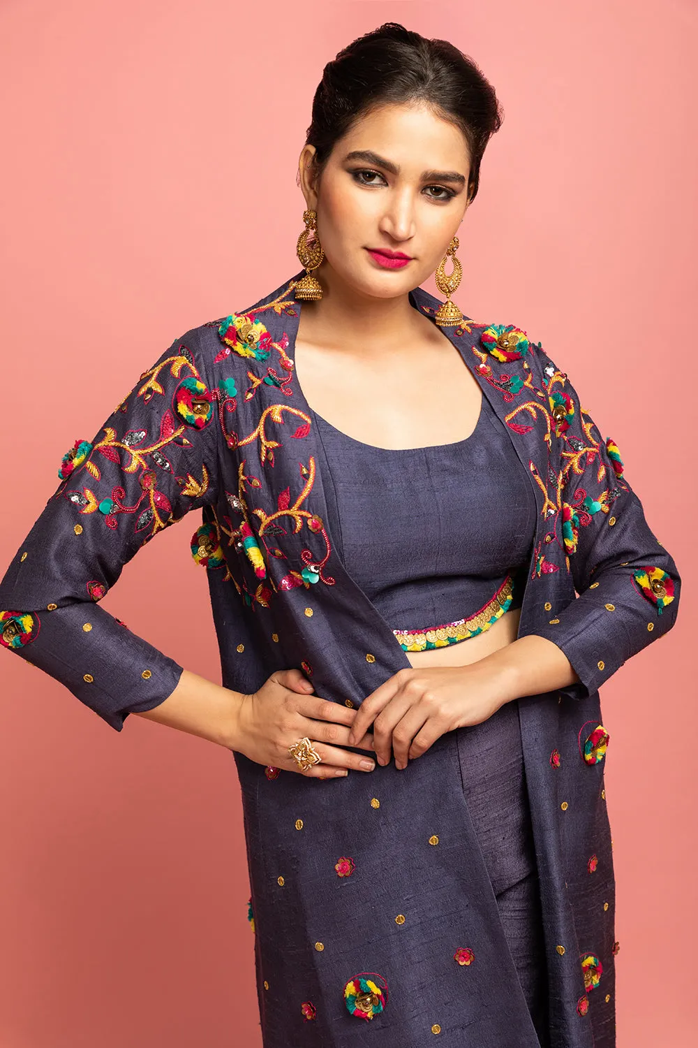Full-Sleeves Jacket With Croptop And Culottes