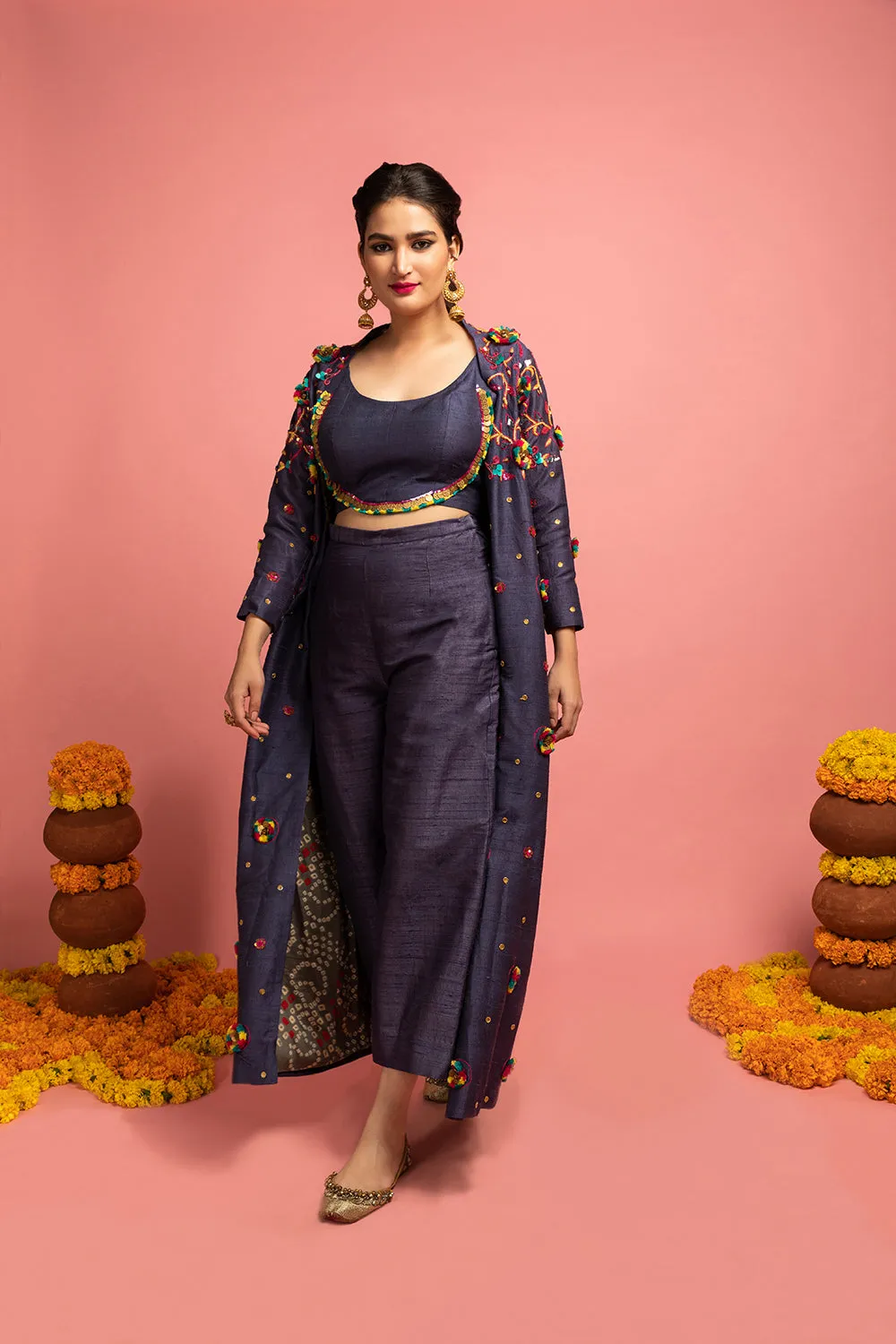 Full-Sleeves Jacket With Croptop And Culottes