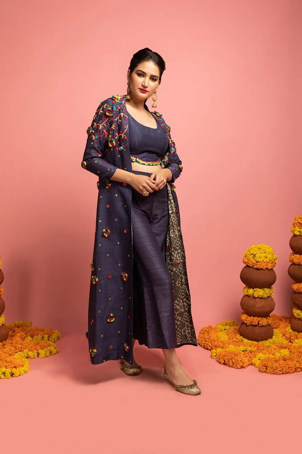 Full-Sleeves Jacket With Croptop And Culottes