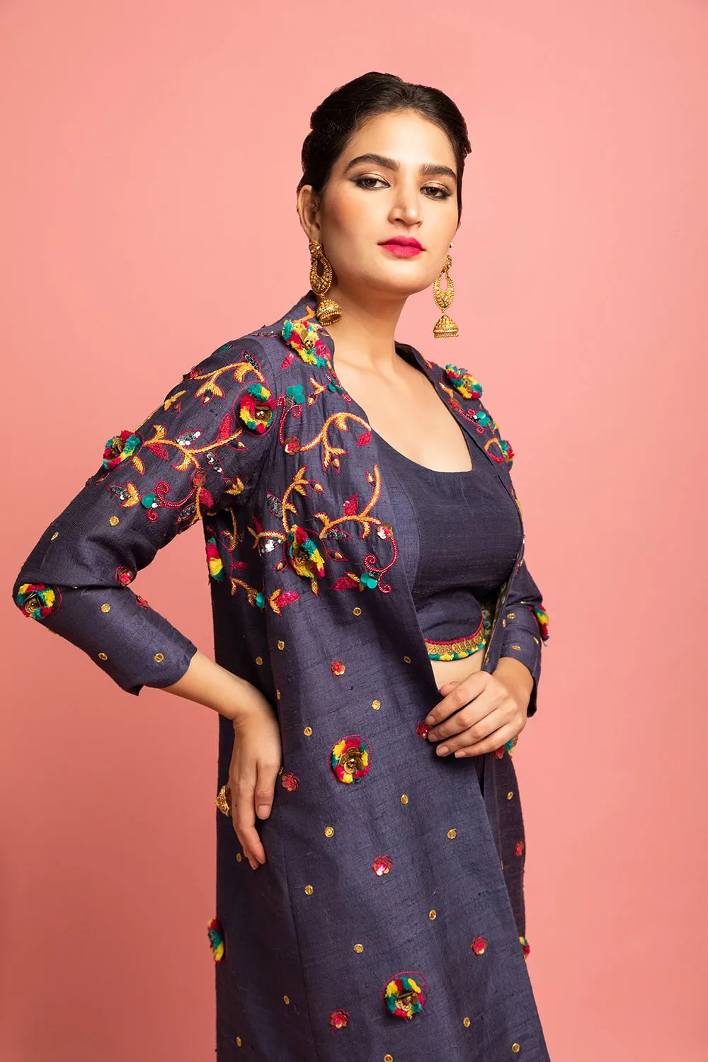 Full-Sleeves Jacket With Croptop And Culottes