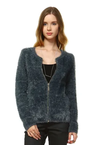 Fuzzy Zip Cardigan Sweater Gray
