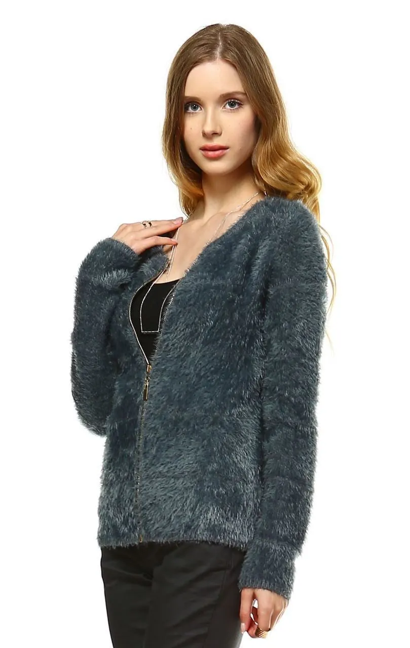 Fuzzy Zip Cardigan Sweater Gray