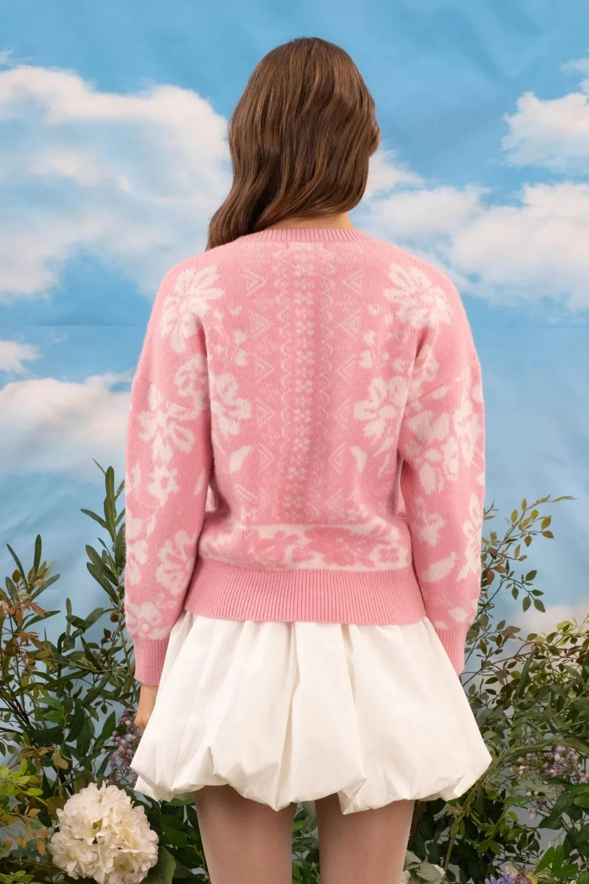 Geo Floral Print Sweater - Pink