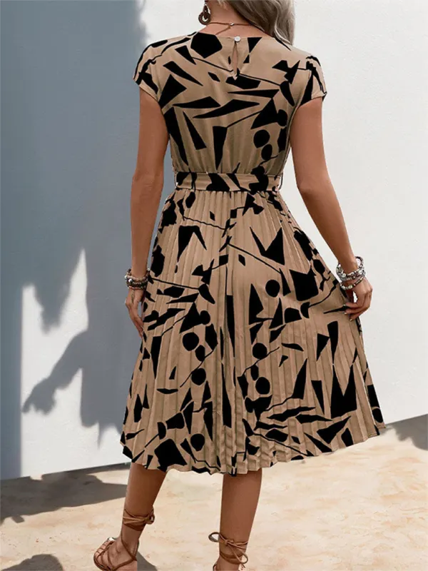Geometric Pattern Pleated Dress with Belted Waist