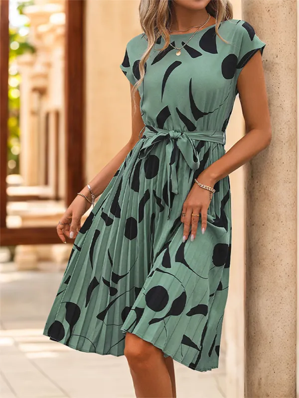 Geometric Pattern Pleated Dress with Belted Waist