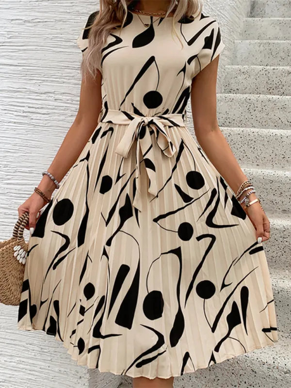 Geometric Pattern Pleated Dress with Belted Waist