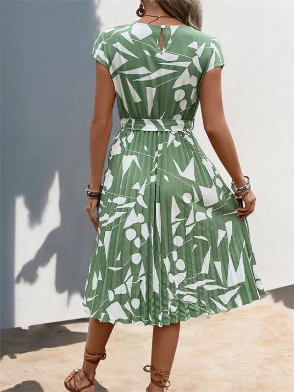 Geometric Pattern Pleated Dress with Belted Waist