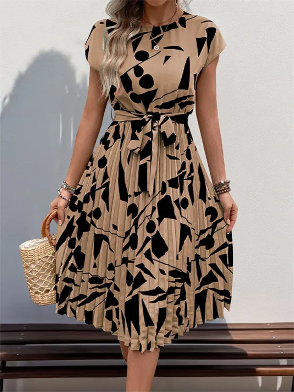 Geometric Pattern Pleated Dress with Belted Waist