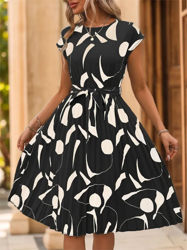 Geometric Pattern Pleated Dress with Belted Waist