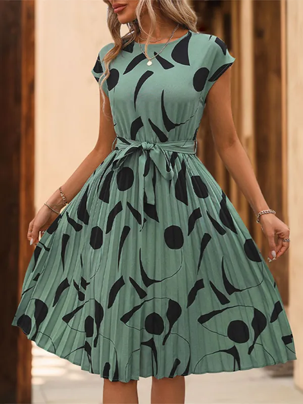 Geometric Pattern Pleated Dress with Belted Waist