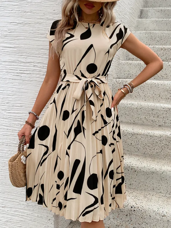 Geometric Pattern Pleated Dress with Belted Waist
