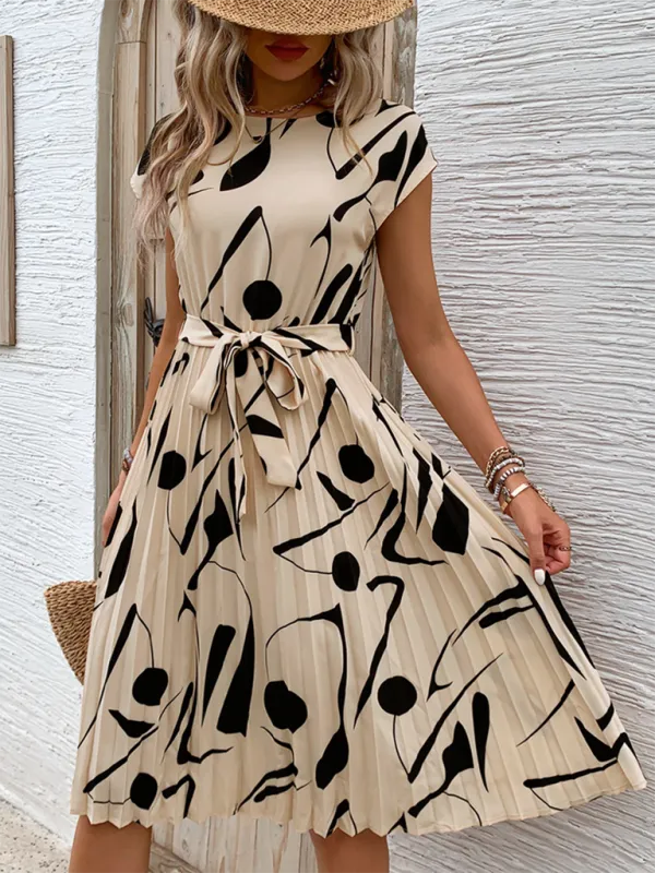 Geometric Pattern Pleated Dress with Belted Waist
