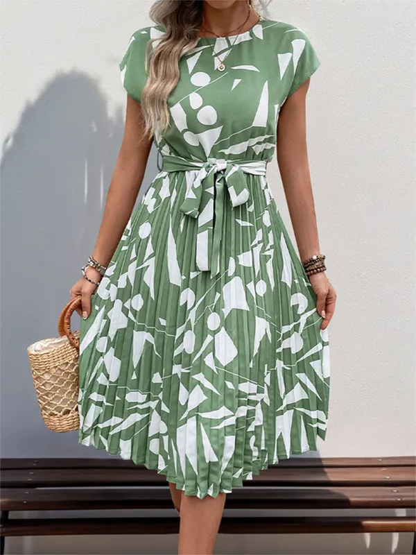 Geometric Pattern Pleated Dress with Belted Waist