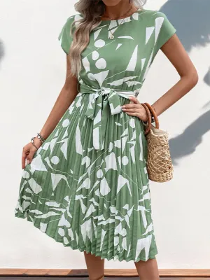 Geometric Pattern Pleated Dress with Belted Waist