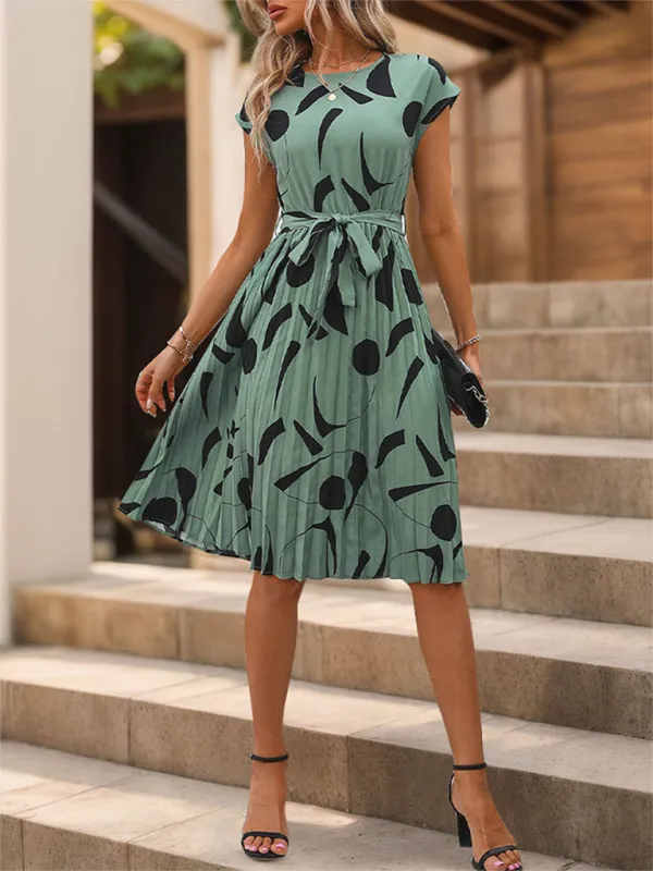 Geometric Pattern Pleated Dress with Belted Waist