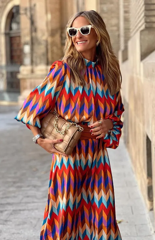 Geometric Print A-Line Midi Dress with Stand Collar and Belted Waist