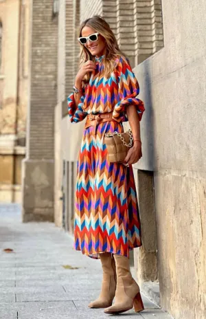 Geometric Print A-Line Midi Dress with Stand Collar and Belted Waist