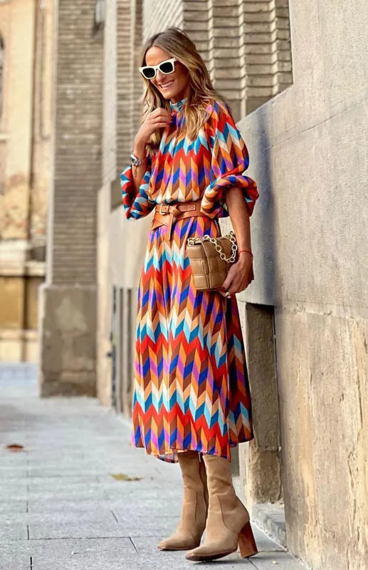 Geometric Print A-Line Midi Dress with Stand Collar and Belted Waist