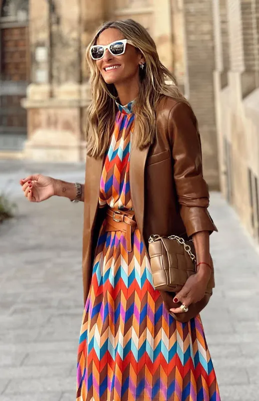 Geometric Print A-Line Midi Dress with Stand Collar and Belted Waist