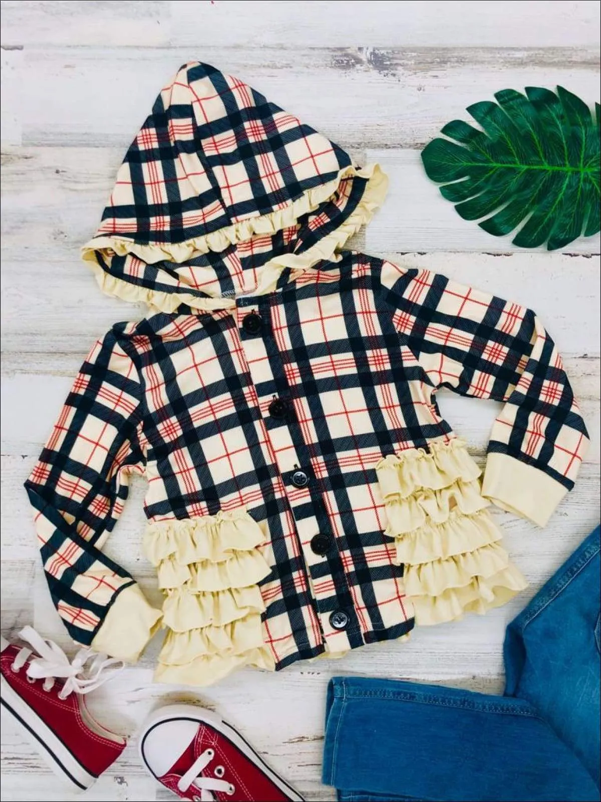 Girls Plaid Button Down Hooded Cardigan with Side Ruffles