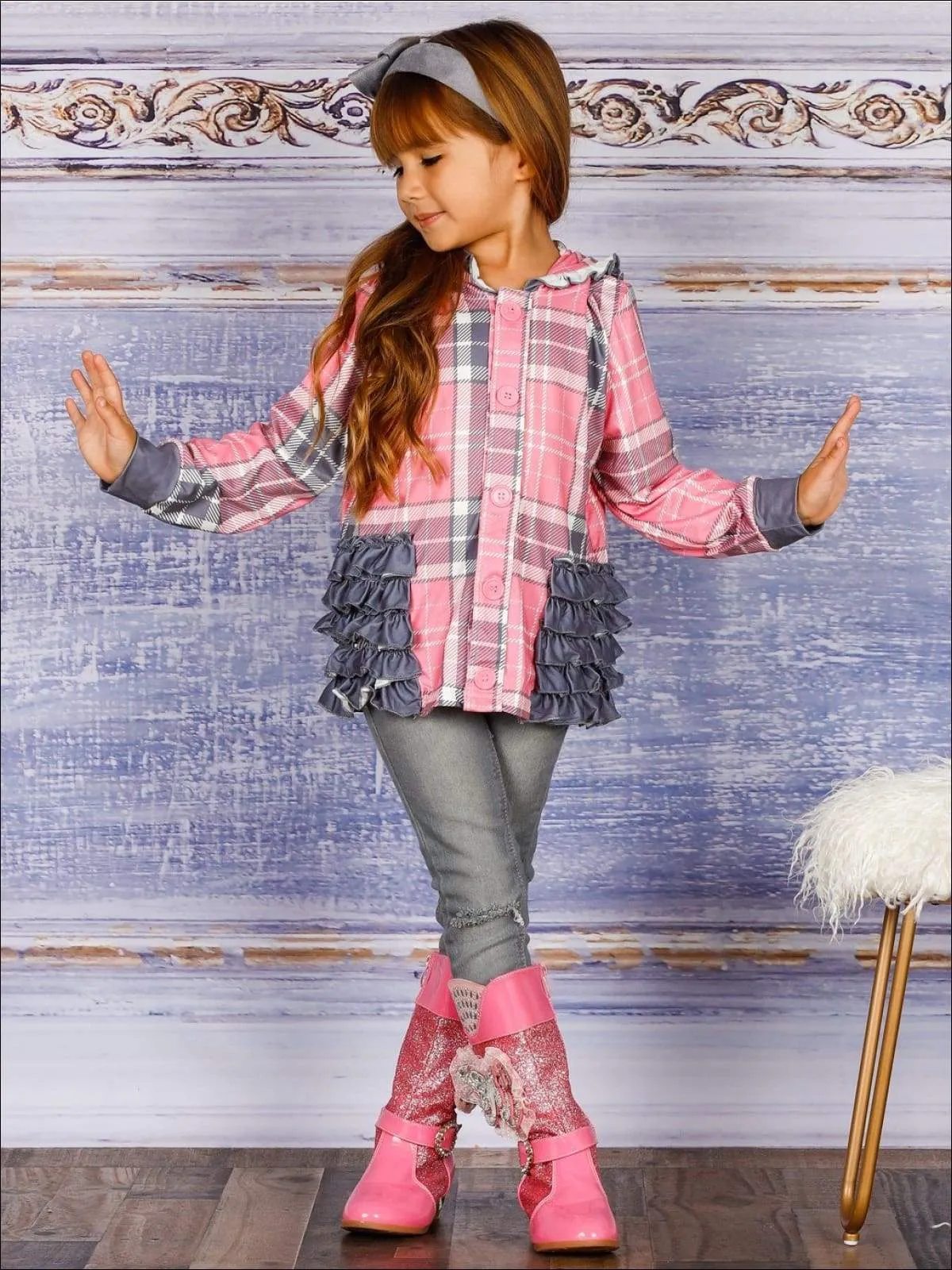 Girls Plaid Button Down Hooded Cardigan with Side Ruffles