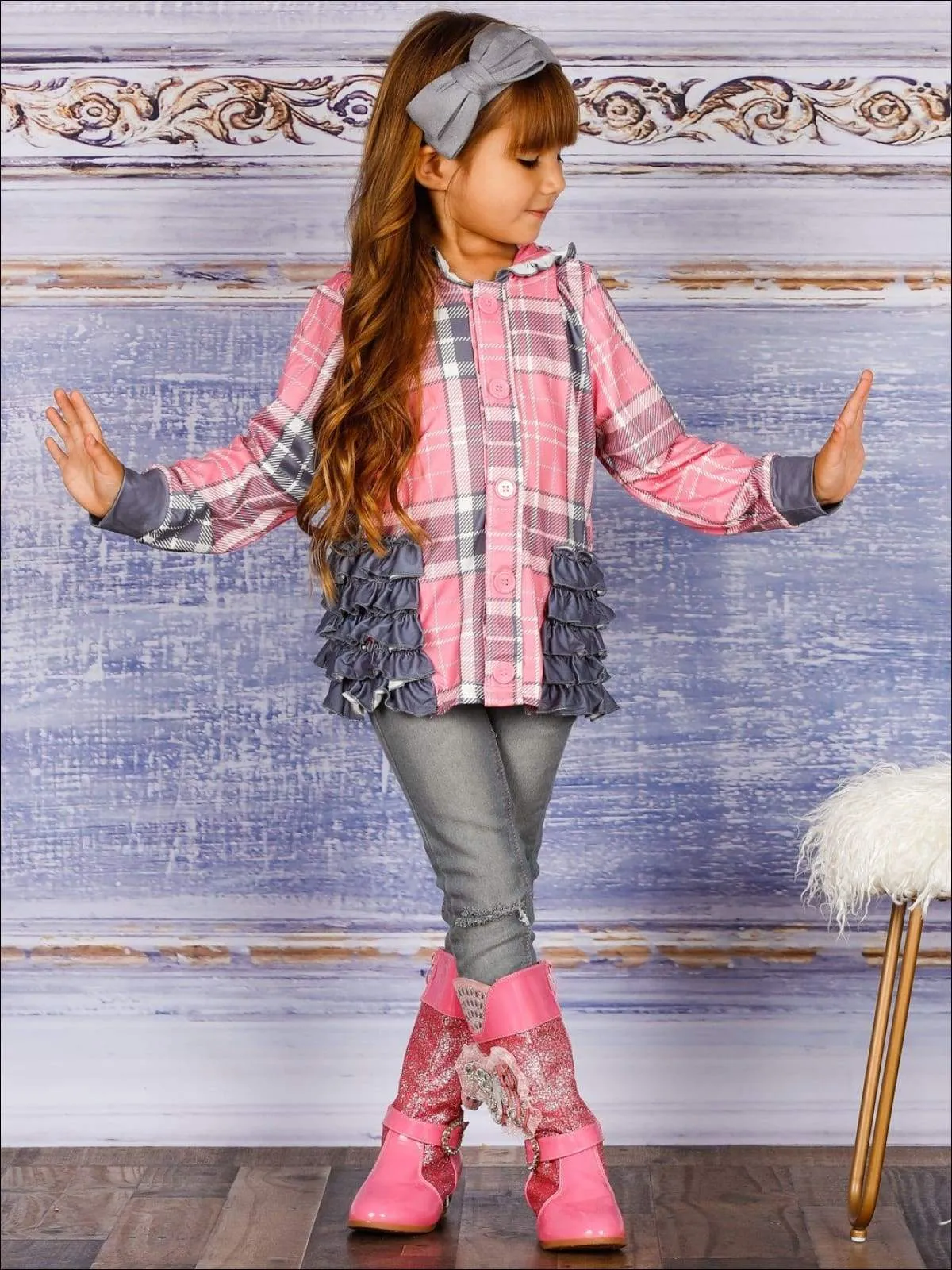 Girls Plaid Button Down Hooded Cardigan with Side Ruffles