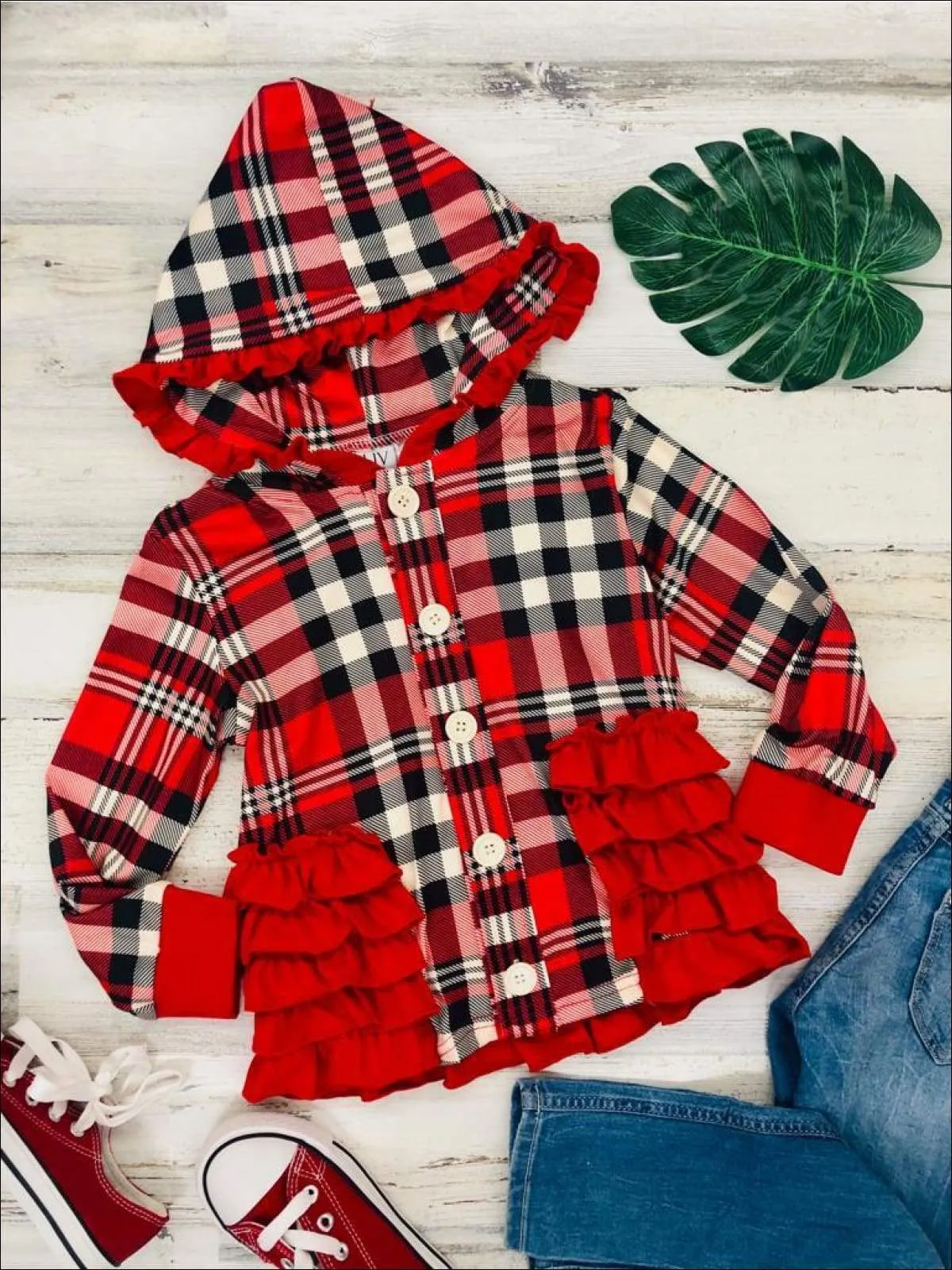 Girls Plaid Button Down Hooded Cardigan with Side Ruffles
