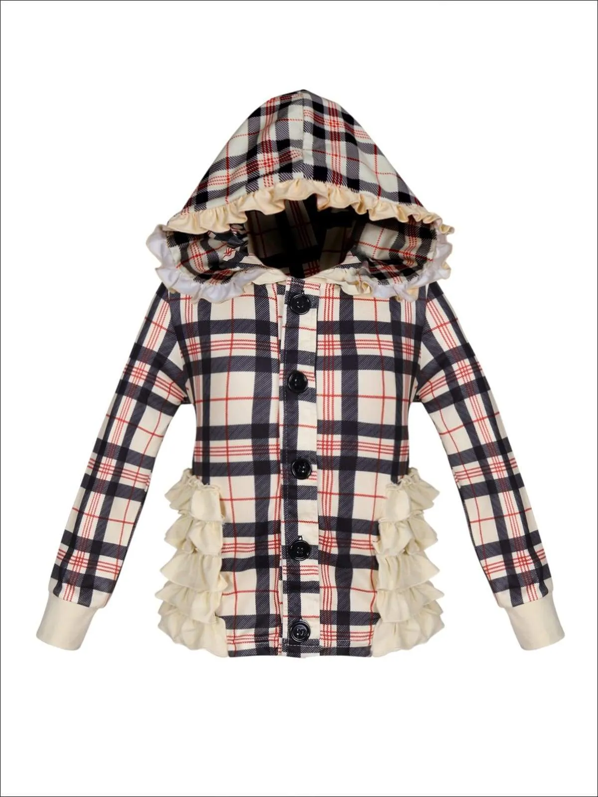 Girls Plaid Button Down Hooded Cardigan with Side Ruffles