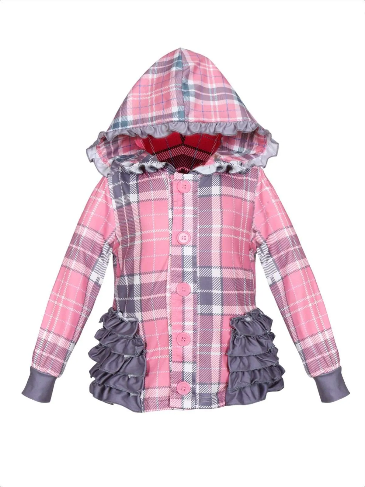Girls Plaid Button Down Hooded Cardigan with Side Ruffles