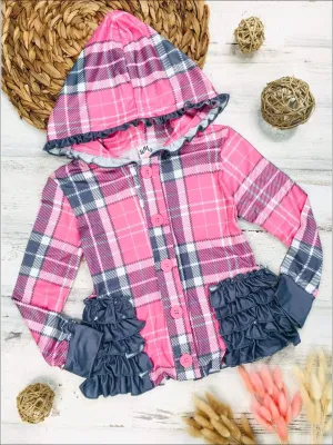 Girls Plaid Button Down Hooded Cardigan with Side Ruffles