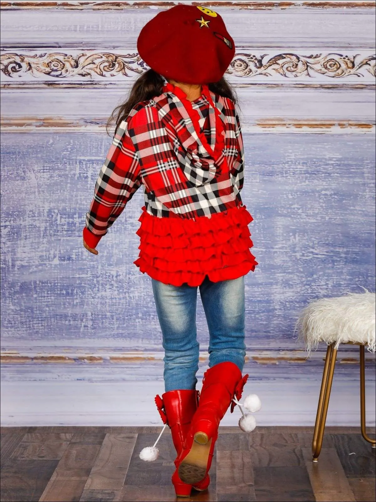 Girls Plaid Button Down Hooded Cardigan with Side Ruffles