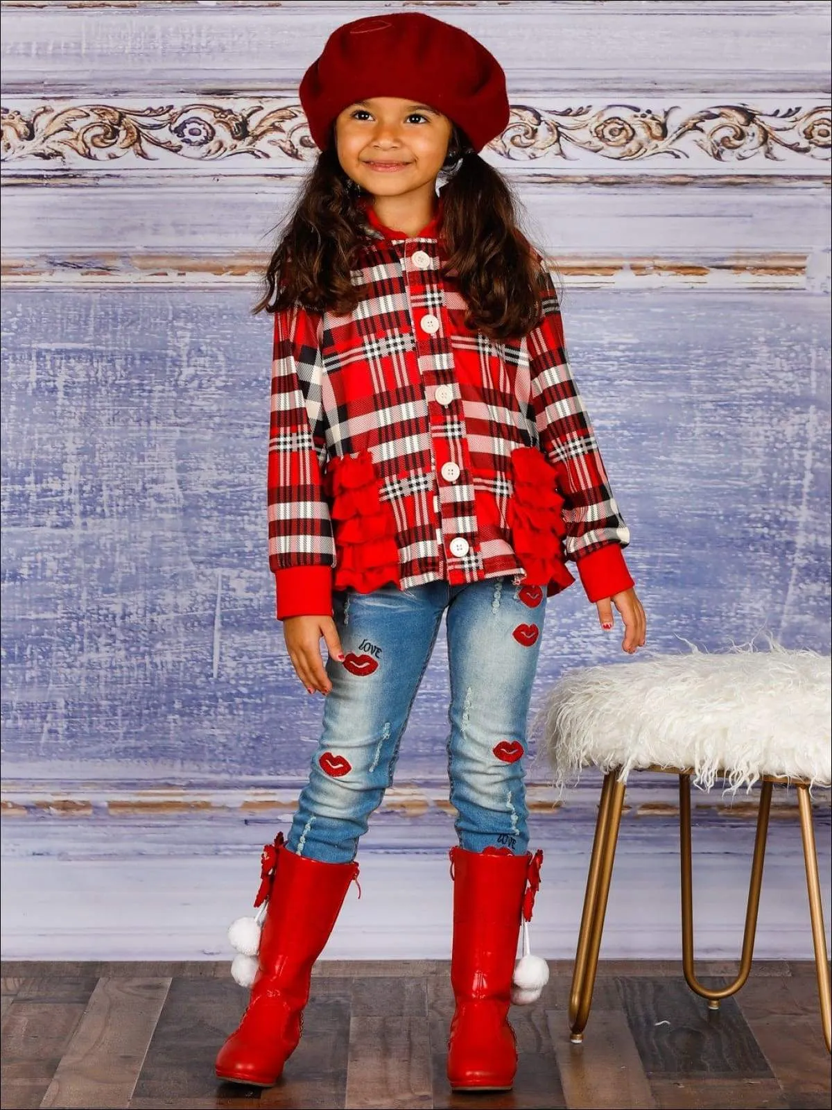 Girls Plaid Button Down Hooded Cardigan with Side Ruffles