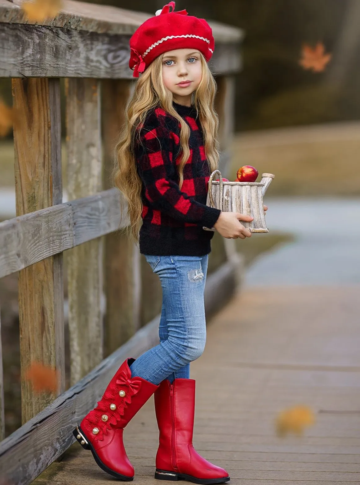 Girls Plaid Fuzzy Sweater
