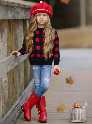 Girls Plaid Fuzzy Sweater