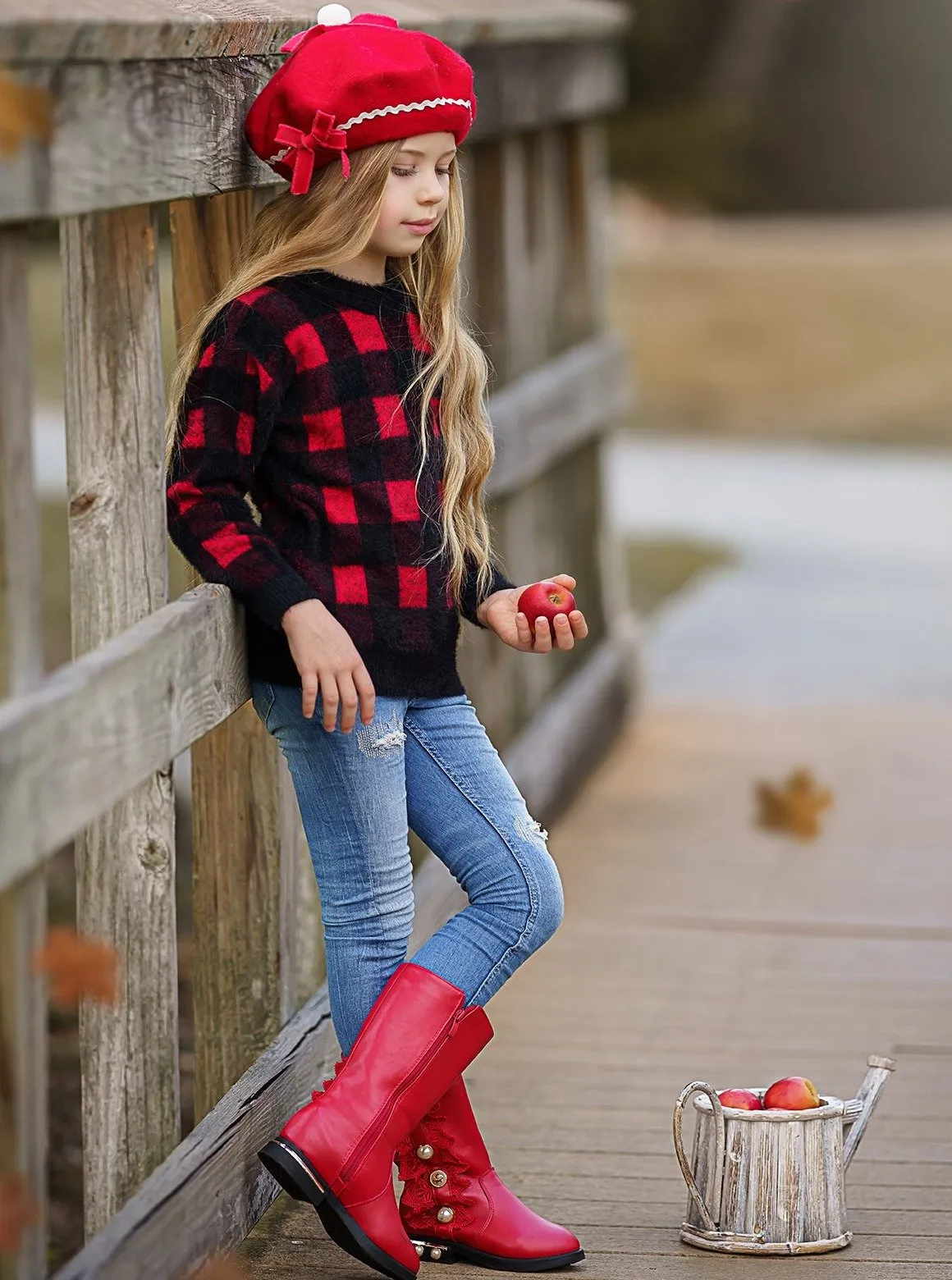 Girls Plaid Fuzzy Sweater
