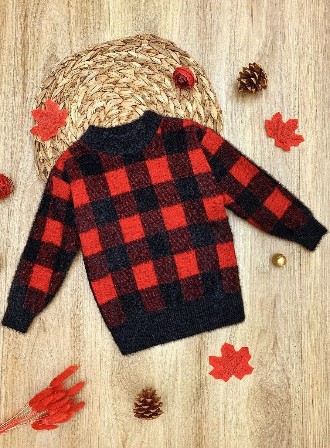 Girls Plaid Fuzzy Sweater