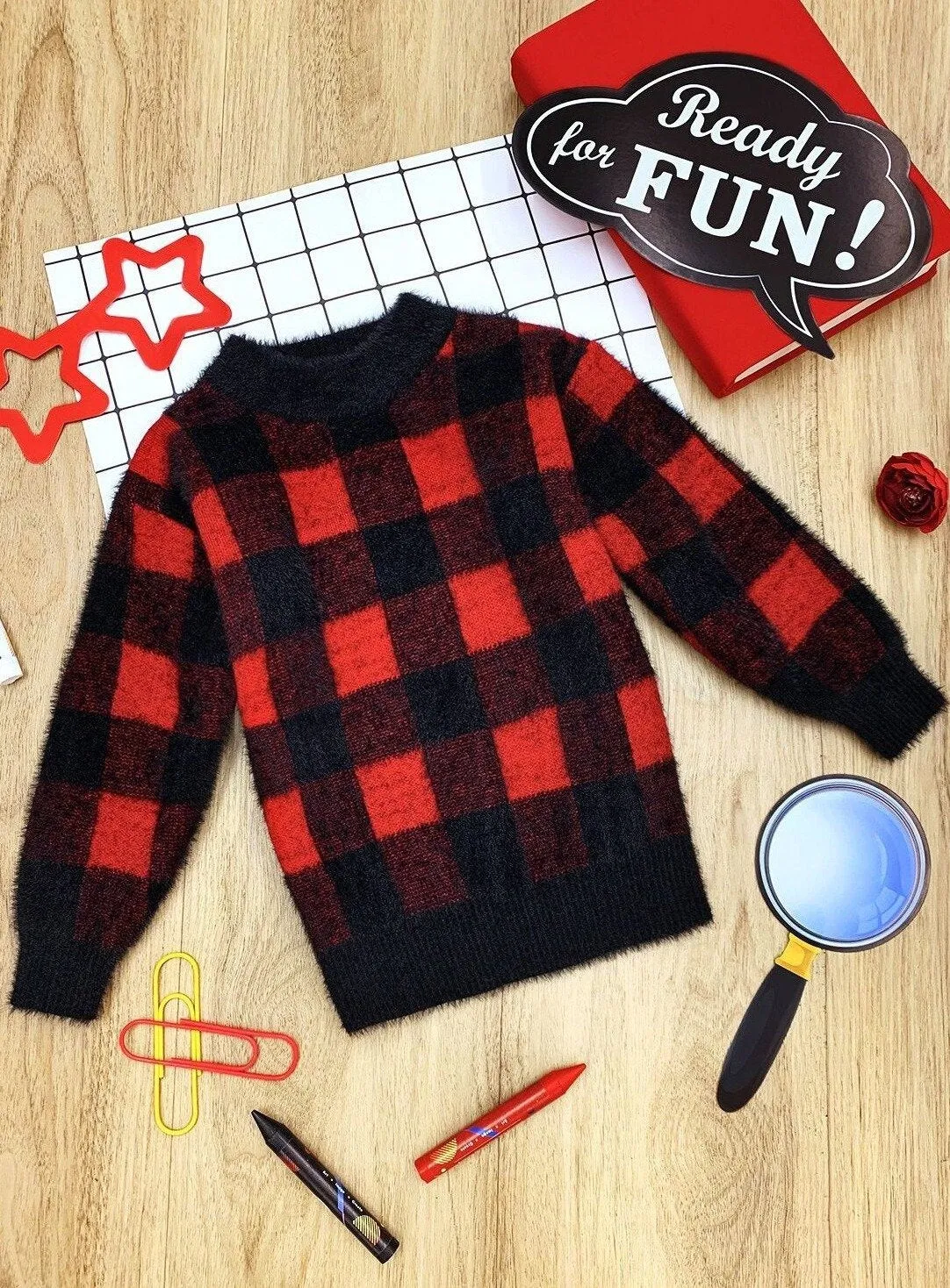 Girls Plaid Fuzzy Sweater
