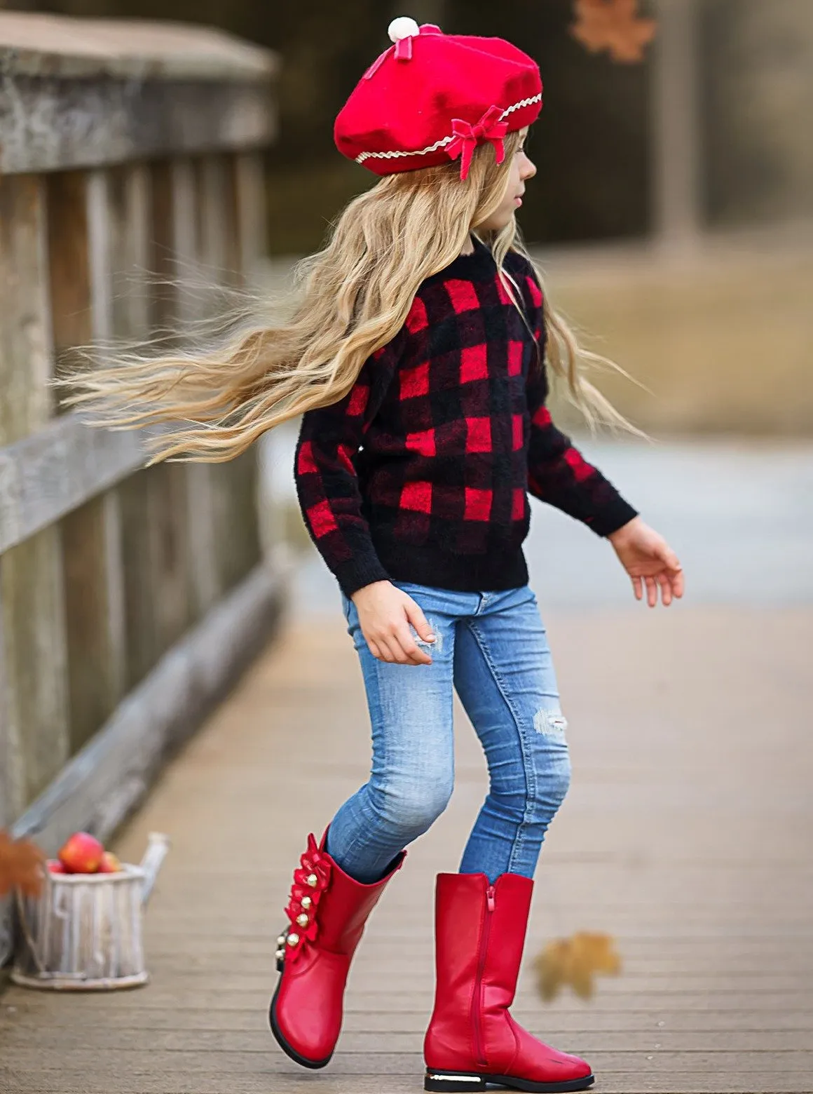 Girls Plaid Fuzzy Sweater