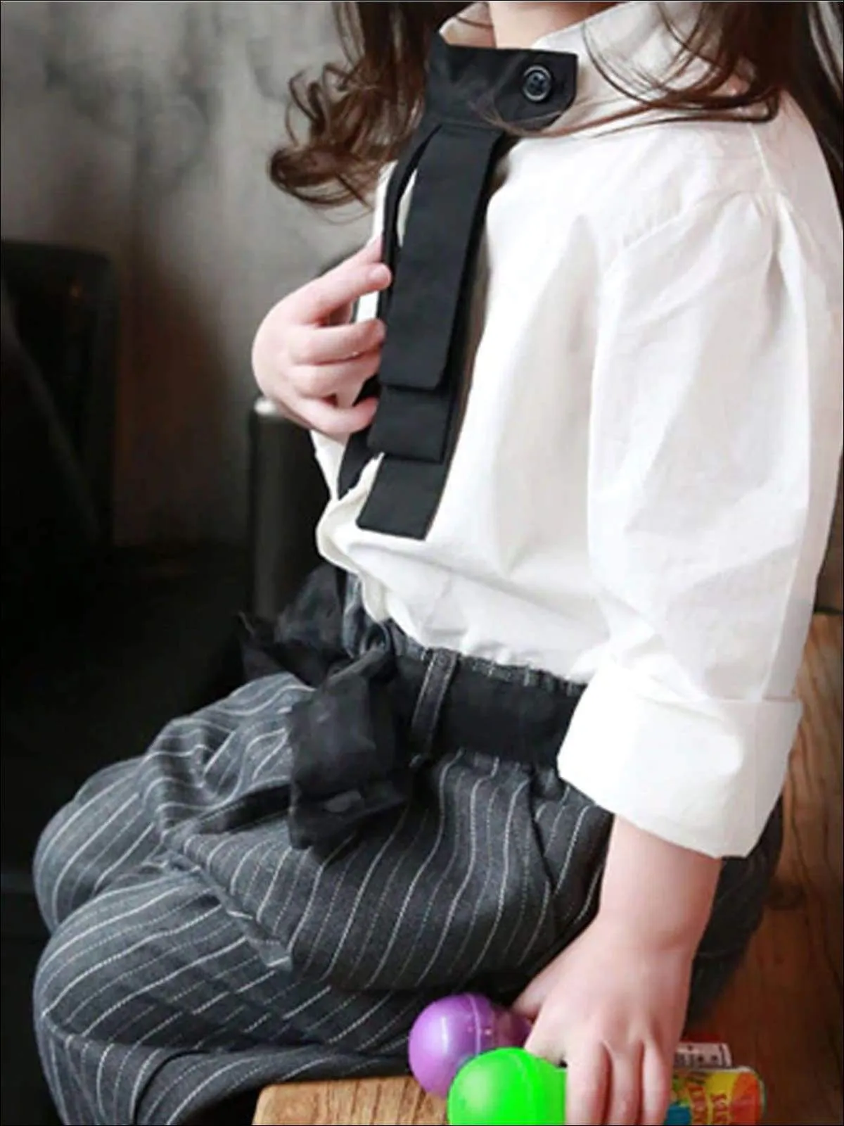 Girls Preppy White Long Sleeve Top With Buttoned Black Necktie & Belted Pinstripe Trouser Set