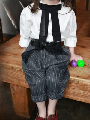 Girls Preppy White Long Sleeve Top With Buttoned Black Necktie & Belted Pinstripe Trouser Set