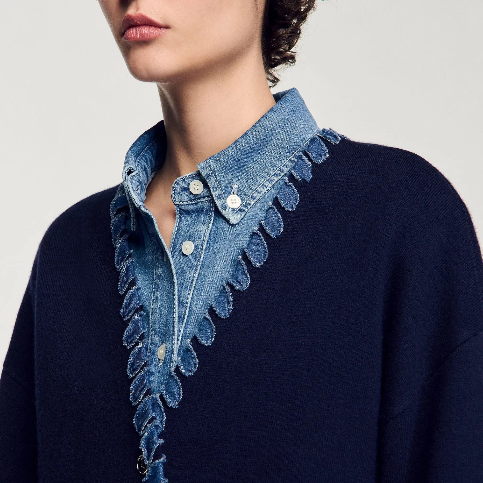 Gizou Cardigan With Denim Details Navy Blue