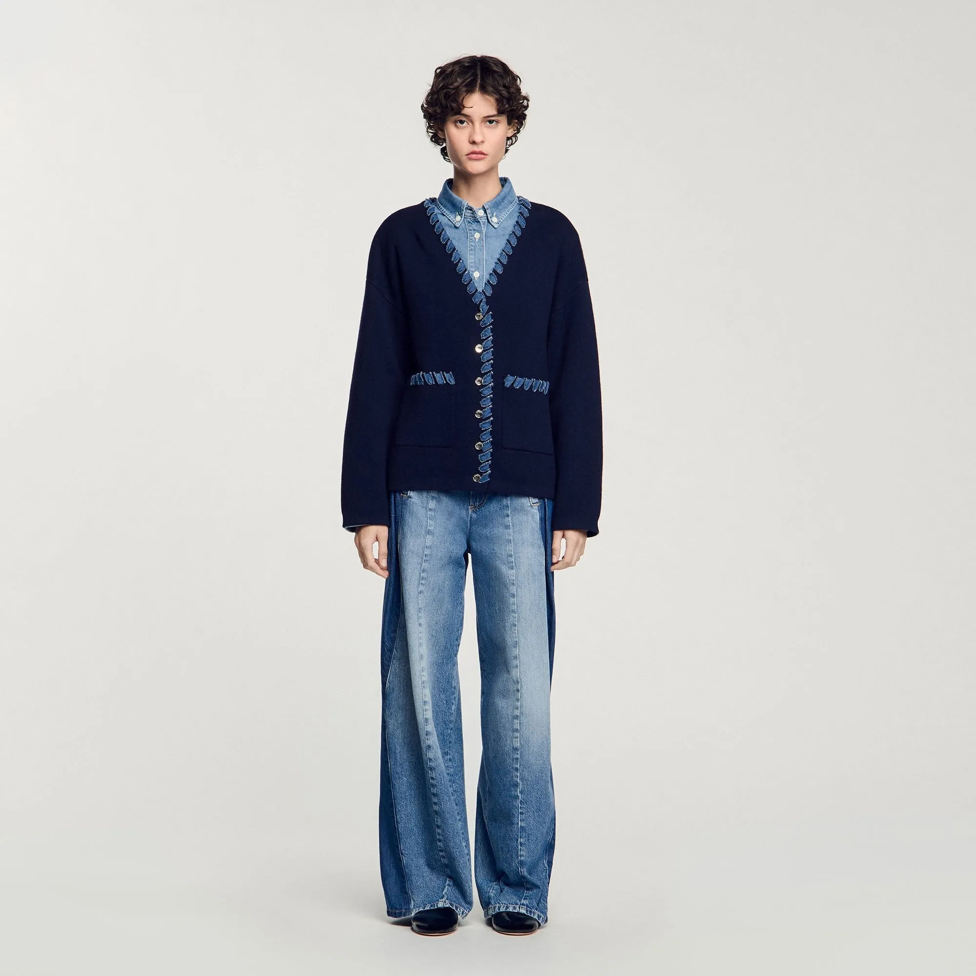 Gizou Cardigan With Denim Details Navy Blue