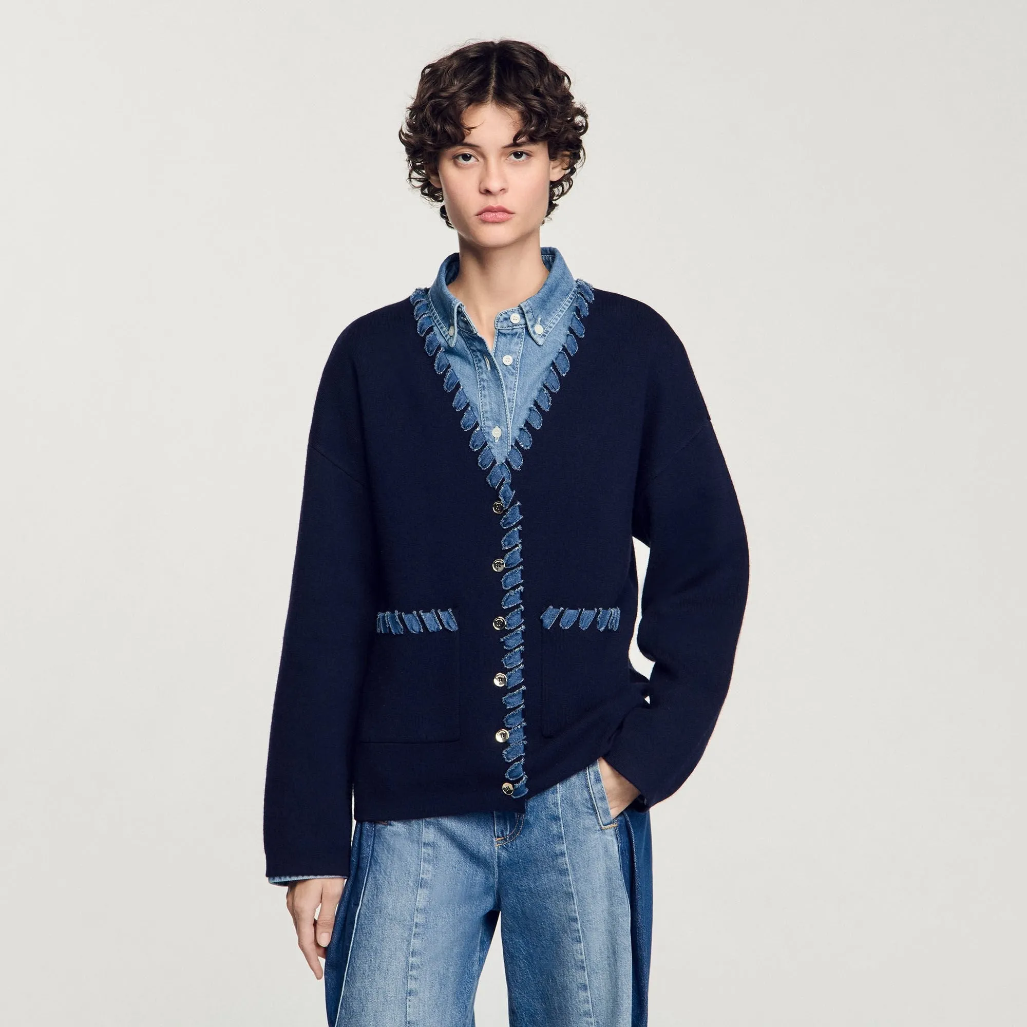 Gizou Cardigan With Denim Details Navy Blue