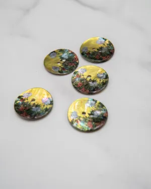 Glossy shell buttons with flowers on yellow background - 23 mm or 9/10"