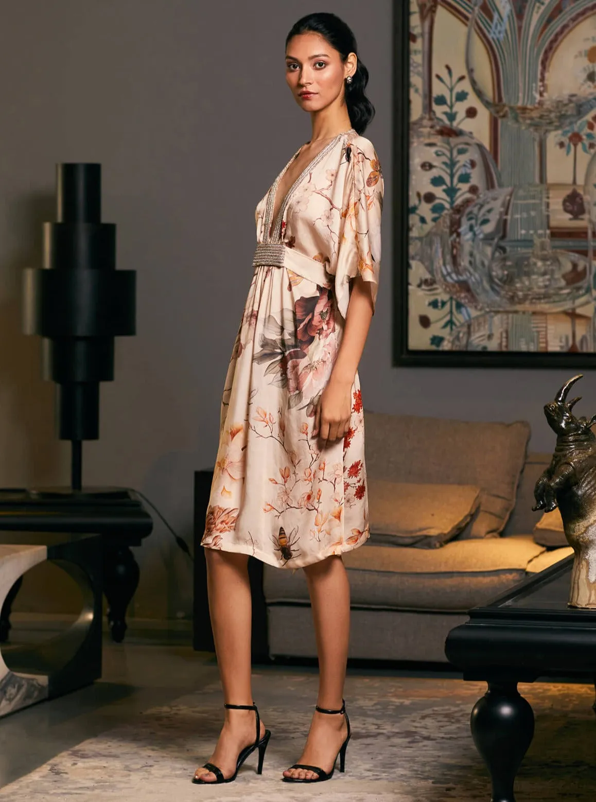 Goe satin printed belted kaftan dress