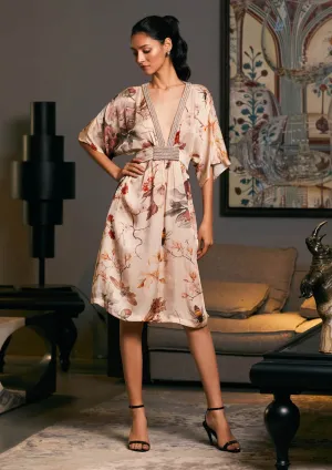 Goe satin printed belted kaftan dress