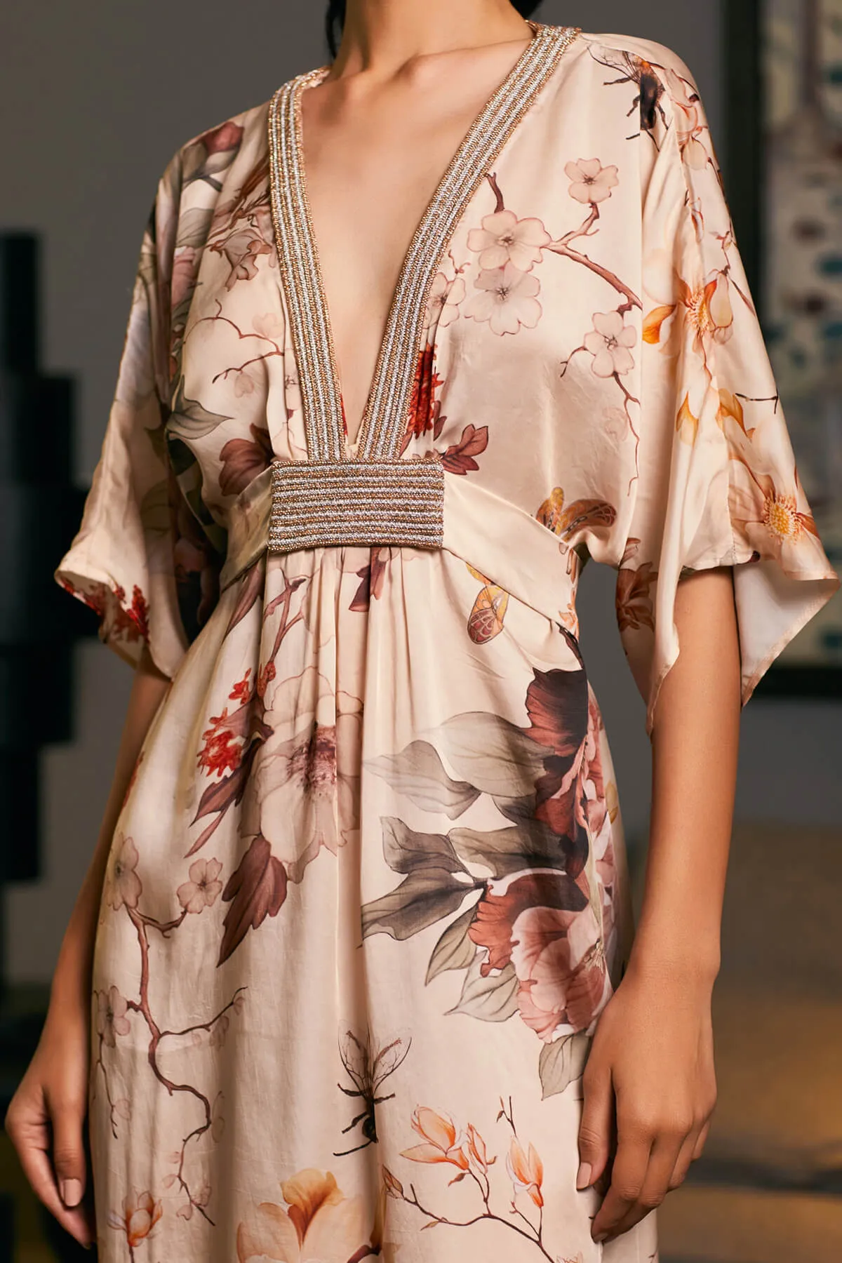 Goe satin printed belted kaftan dress