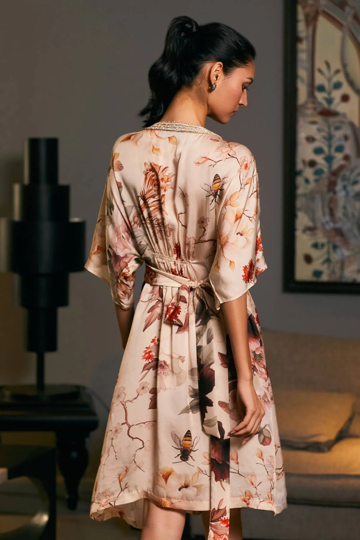 Goe satin printed belted kaftan dress