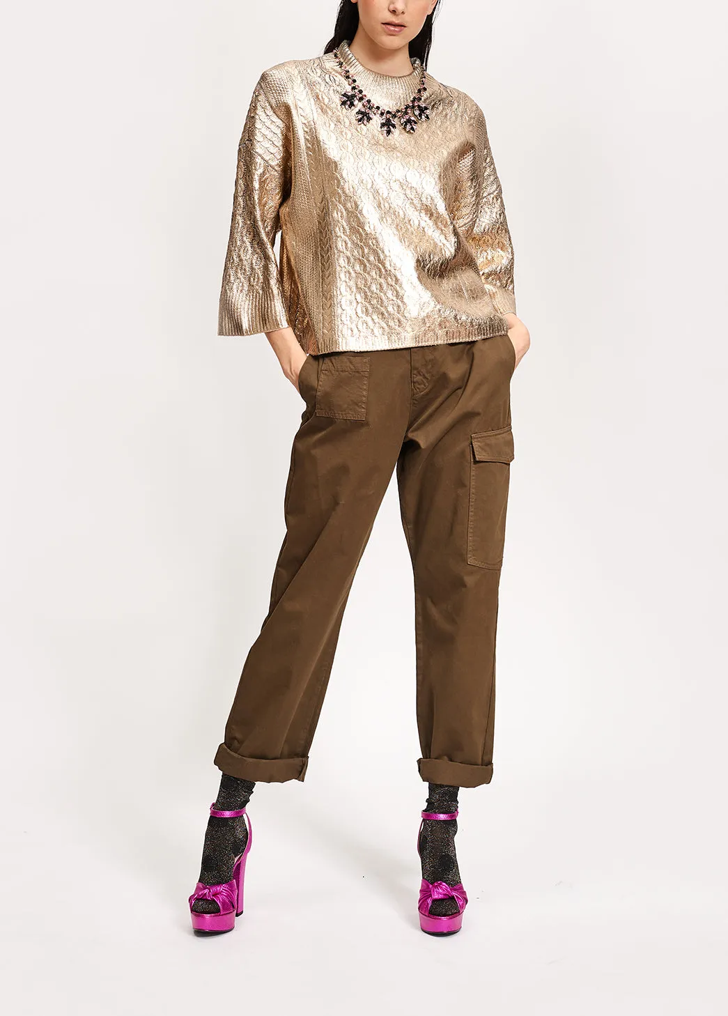 Gold metallic cable-knit sweater