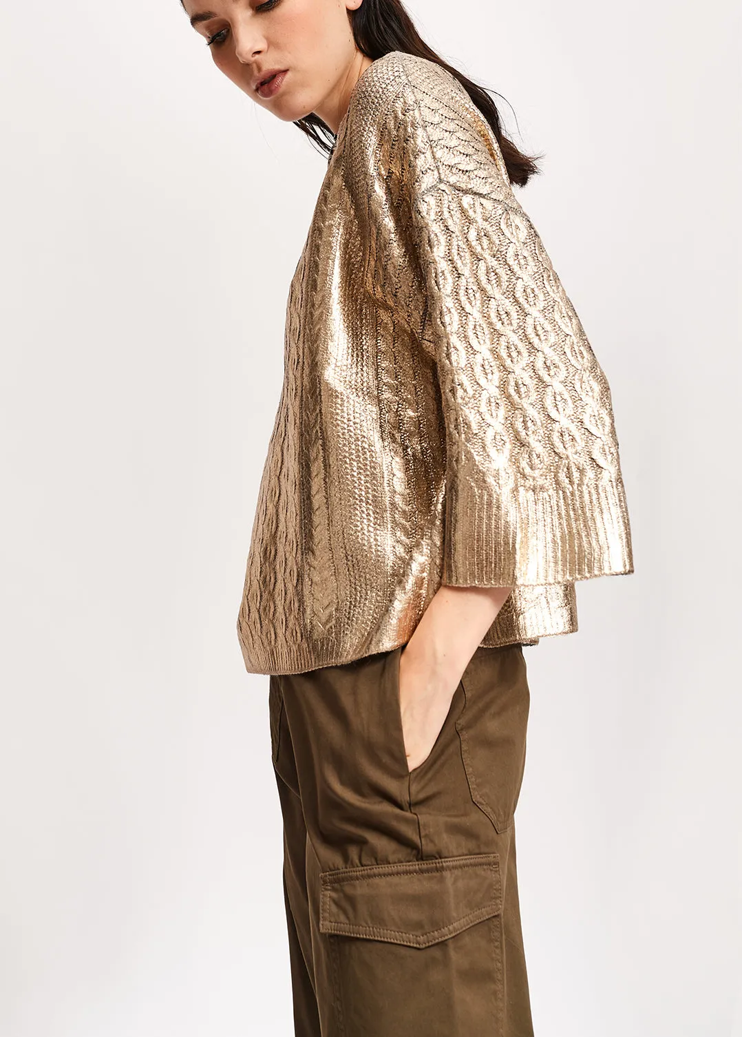 Gold metallic cable-knit sweater